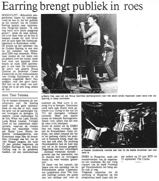 Golden Earring newspaper show review May 02 1992 Hoogvliet - Feesttent show